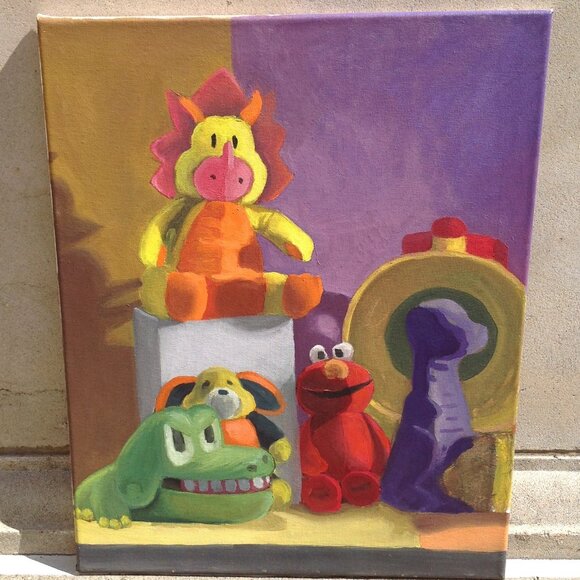 Unframed Original Art on Canvas "Favorite Plush Character Corner" 16" x 20" - Picture 2 of 12